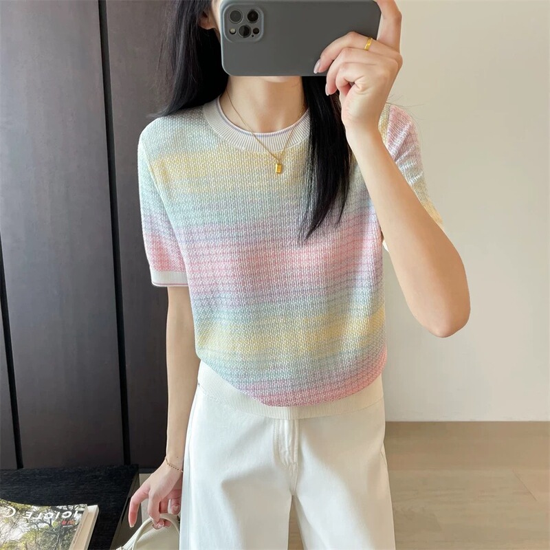Dopamine Rainbow Gradient Tencel Silk Knit Short-Sleeve T-Shirt Unique Beautiful Top Mulberry Silk Blouse for Women Summer