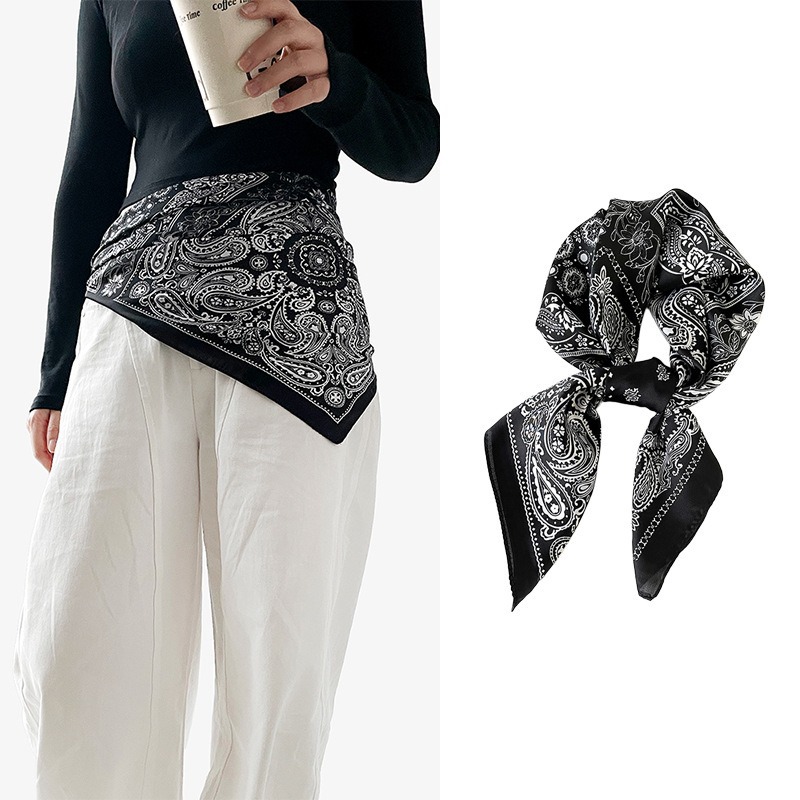 70 bufanda de seda bufanda cuadrada femenina estilo coreano negro anacardo flor bufanda de seda cinturón decoración de alta calidad bufanda de pelo atado bufanda