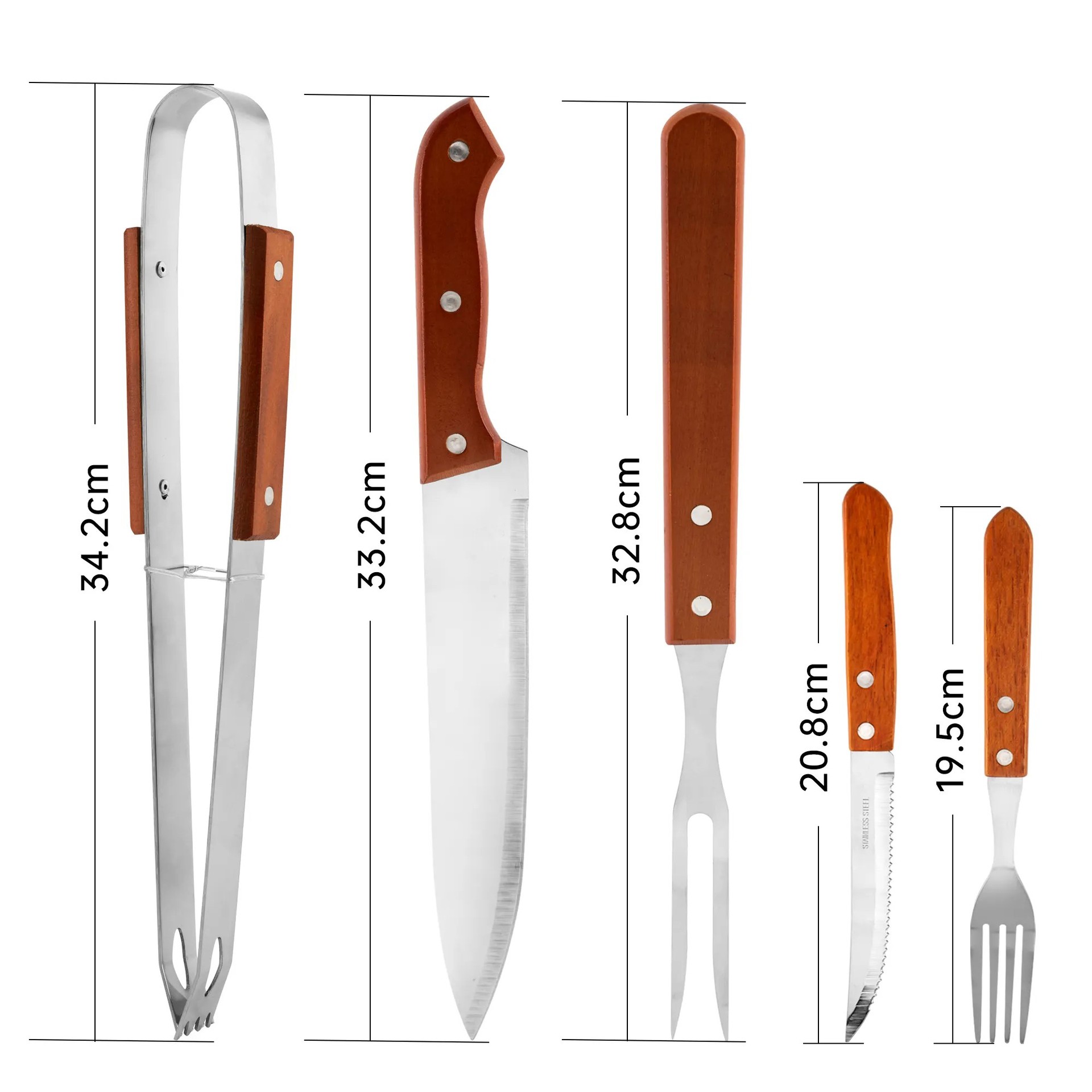 Fuente de fábrica de bolsas de tela para parrilla 10 piezas para BBQ al aire libre herramientas de parrilla mango de madera de acero inoxidable cuchillo y tenedor conjunto de parrilla