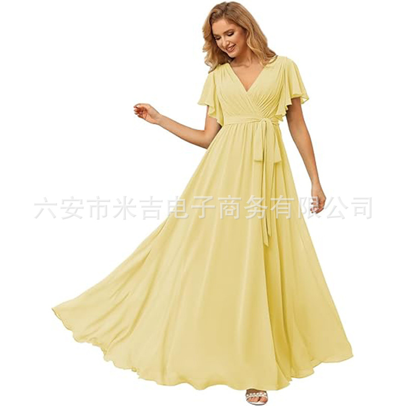 Amazon Women's Butterfly Sleeve Chiffon Bridesmaid Dress V-Neck Ruffled Formal Party Host Dress
