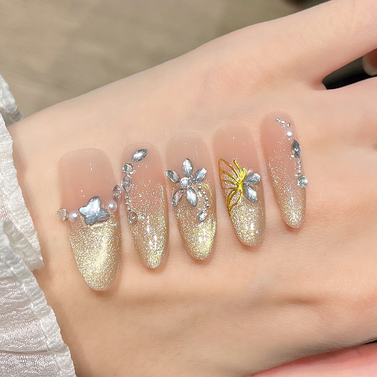 Uñas postizas de ojo de gato transfronterizas, piezas de uñas hechas a mano, uñas postizas, arte de uñas portátil, estilo largo de alta gama.