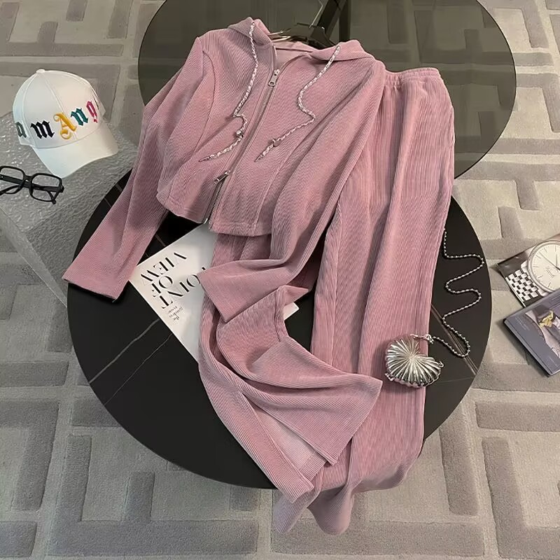 European casual pink sports suit women's spring and autumn 2024 new loose vertical split wide leg pants two-piece set