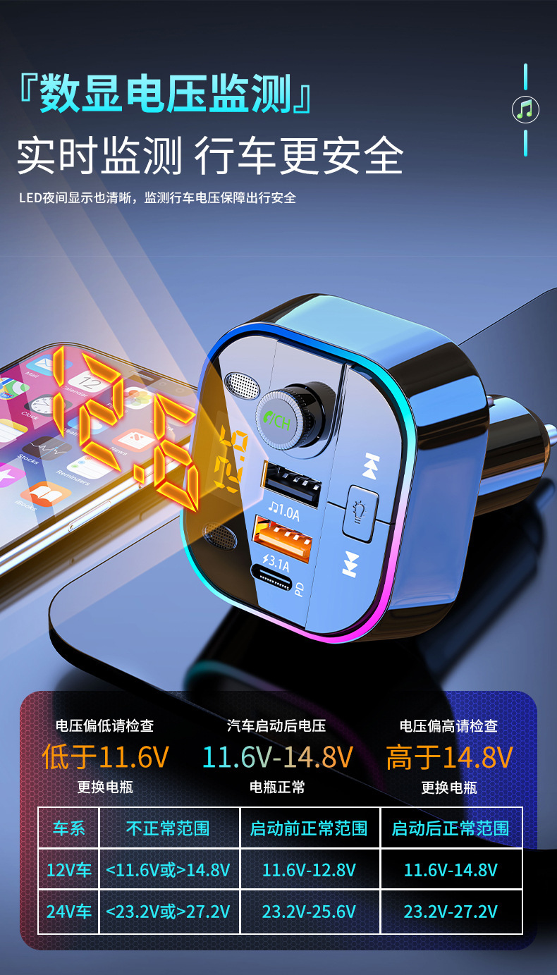 Suitable for Multifunctional Ambient Light Car Bluetooth Charger Super Fast Charging In-Car Apple Car Cigarette Lighter Adapter