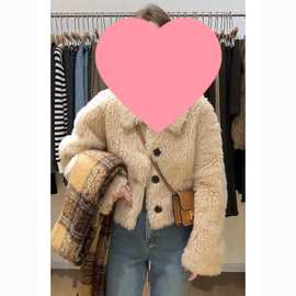 韩系轻熟高级感羊羔毛外套女秋冬洋气休闲小个子短款翻领夹克开衫