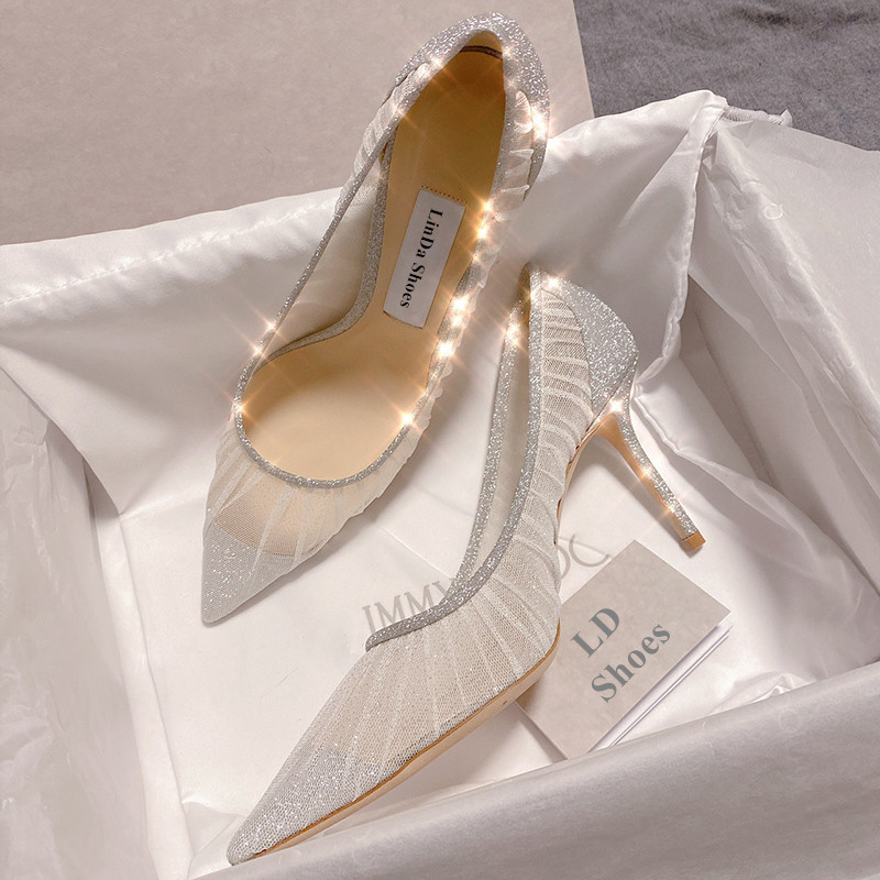 Hong Kong Mesh High-Heeled Shoes for Women 2025 Spring and Autumn New Fairy Style Pointed Toe Stiletto Bride Shoes Wedding Shoes Bridesmaid Shoes