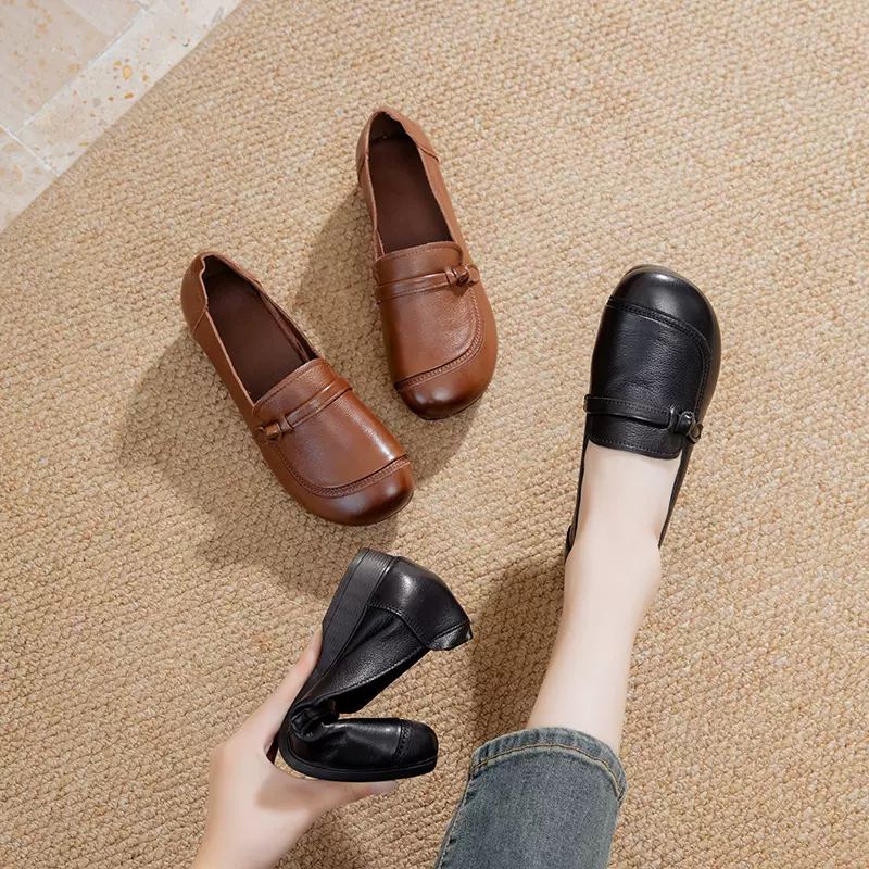 中老年深口复古单鞋女2025秋季新款真皮平跟软底一脚蹬圆头妈妈鞋