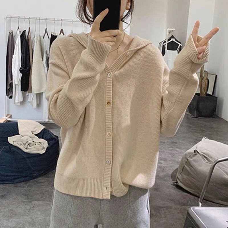 2022 New Hooded Women's Knitted Cardigan Jacket Solid Color Simple Atmosphere Sweater Loose Outer Wear Women's Clothing