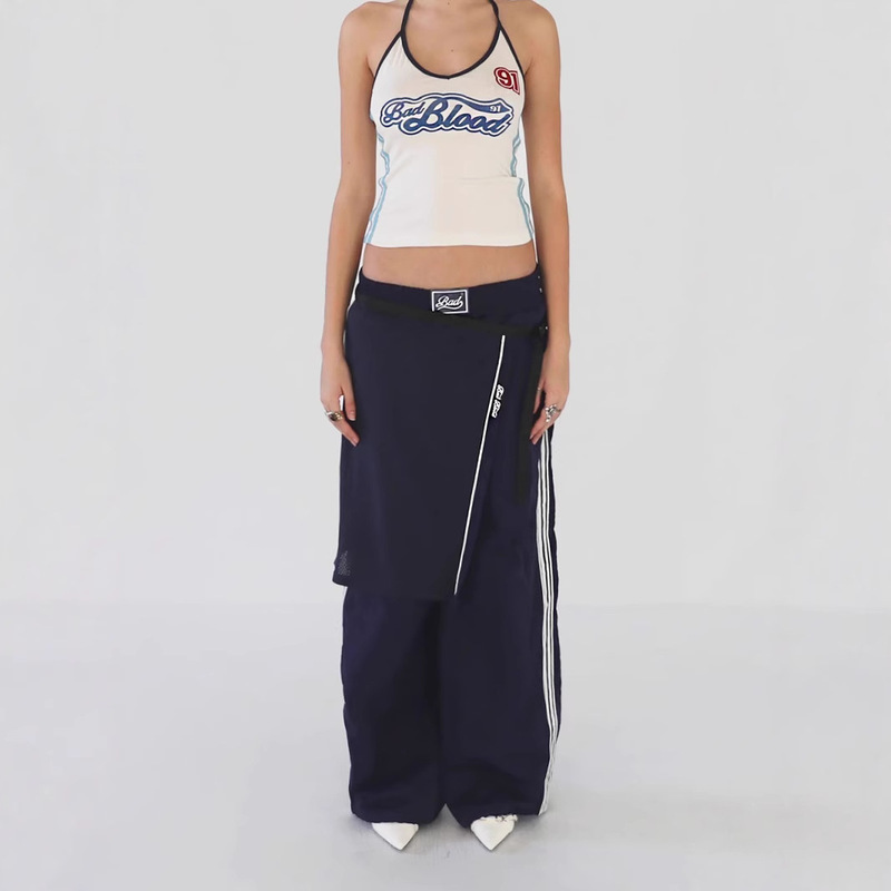 badblood Sweatpants Navy Blue Drawstring Loose Wide Leg Pants Women's Hot Girl Dancing Jazz Casual Pants