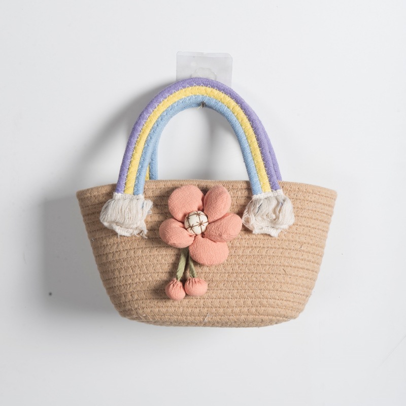 Bolsa de tejido artesanal arco iris, bolso de tejido de cuerda de algodón, bolso de tejido de flores pequeño, bolso de mano, bolso de mujer