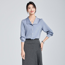 灰色长袖衬衫女正装气质设计感小众V领职业装女士白领办公室衬衣