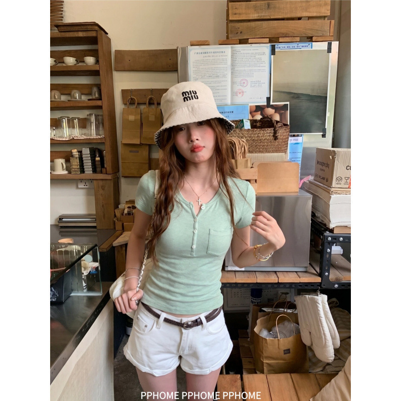 In-Stock Premium Cotton Bamboo Knit Minimalist Button-Down Henley Collar Short-Sleeve T-Shirt for Women, Slim Fit, Versatile, Casual, Summer, Solid Color In-Stock Premium Cotton Bamboo Knit Minimalist Button-Down Henley Collar Short-Sleeve T-Shirt for Women, Slim Fit, Versatile, Casual, Summer, Solid Color