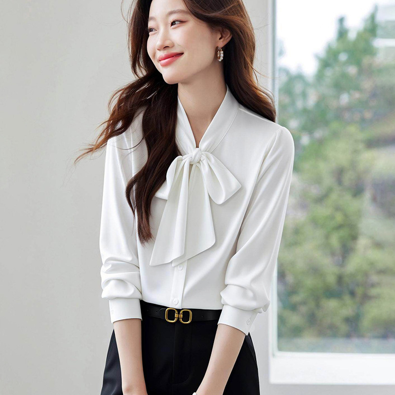 2025 Spring New Style Blue Bow Tie Shirt for Women, Unique Design, Professional Style, Satin Top with Tie