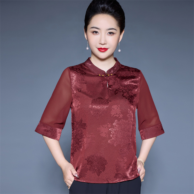 Mother's Day New Chinese Style Mother's Clothes Summer National Style Small Shirt T-shirt Top 2025 New Western Style Middle-aged and Elderly Women's Clothing