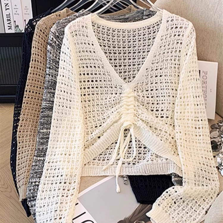 Autumn New Design Women's Sweater with Hollow-Out Drawstring Long Sleeves, Stylish Slim-Fit Pullover Mesh Cover-Up Trendy