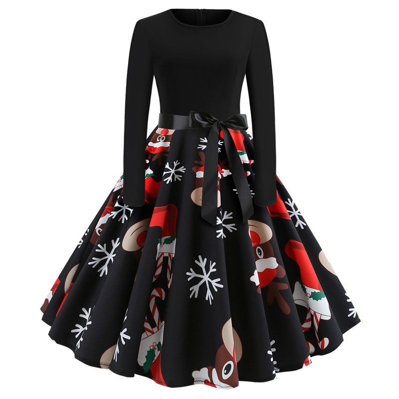 欧美热销圣诞节印花连衣裙 复古圆领印花外贸裙亚马逊速卖通Ebay