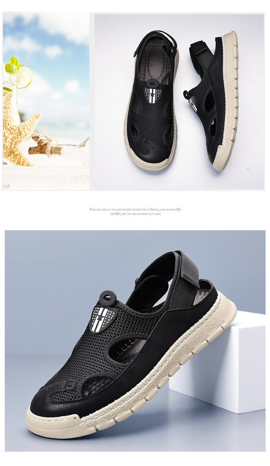 Giày sandal nam thân lưới dệt thoáng khí khoét lỗ, khóa dán, kiểu bao đầu, đi học và đi chơi mùa hè — Màu kaki, màu đen chi tiết 16