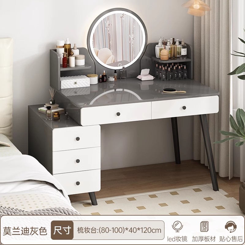 2025 nuevo dormitorio simple moderna mesa de maquillaje de madera maciza de lujo ligera alta sensación de cabecera de cama armario en uno