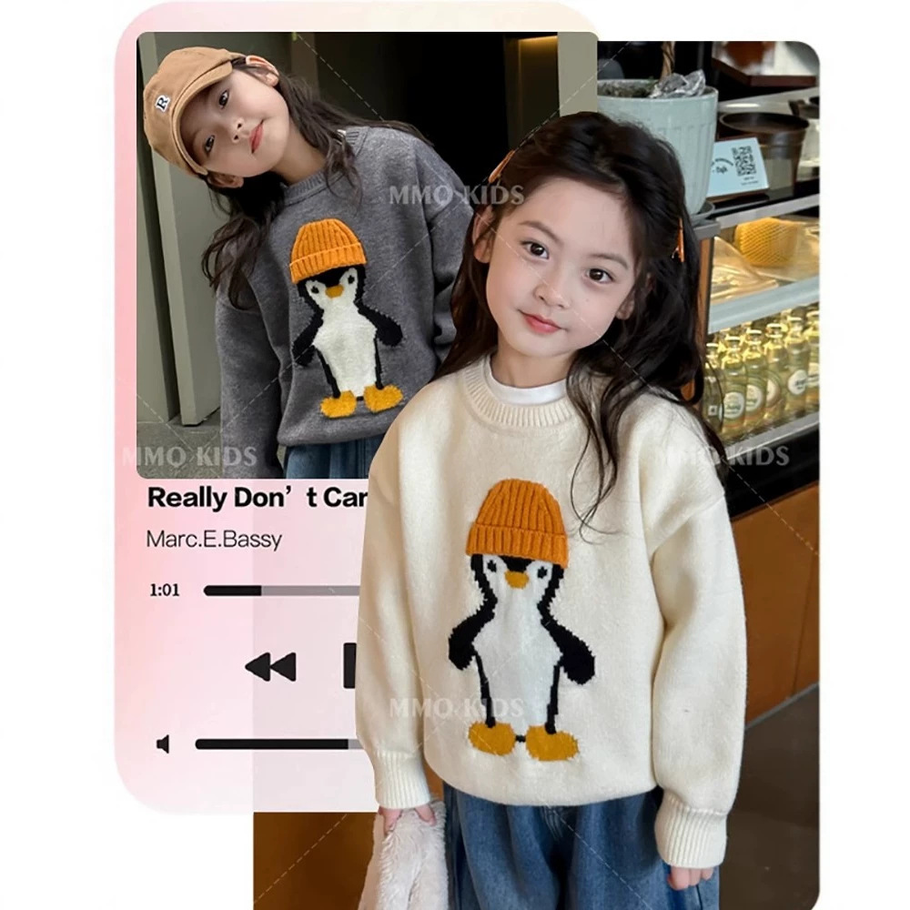 M-156# Girls' Thick Sweater, 2024 Autumn/Winter New Style, Retro and Relaxed Winter Clothing for Little Girls, Loose and Versatile