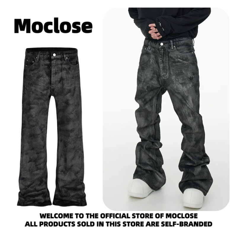 Moclose American High Street Niche Retro Coated Waxed Men's Loose Wide-Leg Slightly Flared Floor-Length Jeans