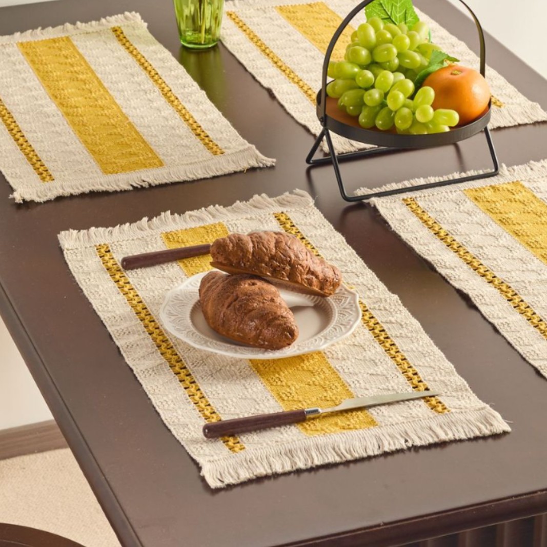 Yi qiyun cuerda de cáñamo placemat vacaciones vajilla estera tejida color a juego rayas borla tazón estera suministro directo de fábrica