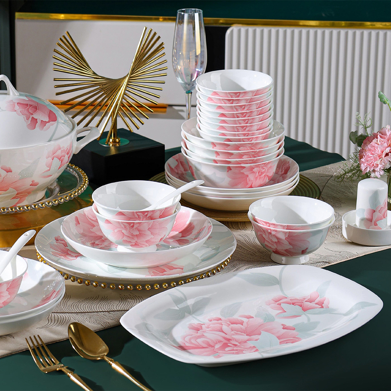 Liling Glazed Five-Color Household Ceramic Bowl and Plate Set, Chinese Style Tableware Set, Bone China Noodle Bowl, Plate, Rice Bowl, Chopsticks