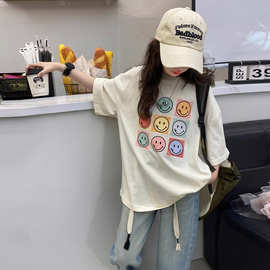 童装女童夏季2024新款中大童韩版洋气休闲宽松印花字母上衣女孩潮