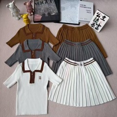 学院风减龄拉链polo领拼色针织上衣短袖+百褶半身裙两件套装早秋
