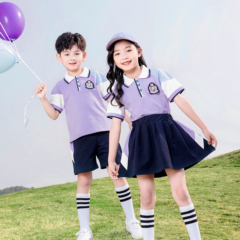 幼兒園園服套裝小學生校服學院風班服畢業班夏季紫色拍照服兩件套