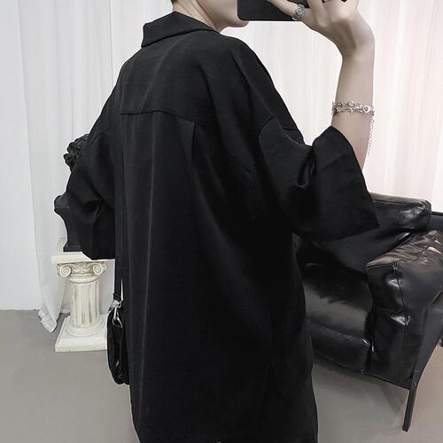 Front-Opening Collar Suit Shirt for Men, Korean Style Trendy Loose Seven-Sleeve Top, Hong Kong Style Thin Short Sleeve Blouse, Cool and Suave Short Sleeve Shirt