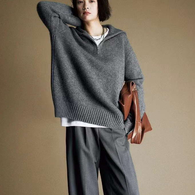 25 Autumn and Winter Retro Lazy Woolen Sweater Women's Half-Zip Lapel Sweater New Thickeneded Niche Knitted Top Loose