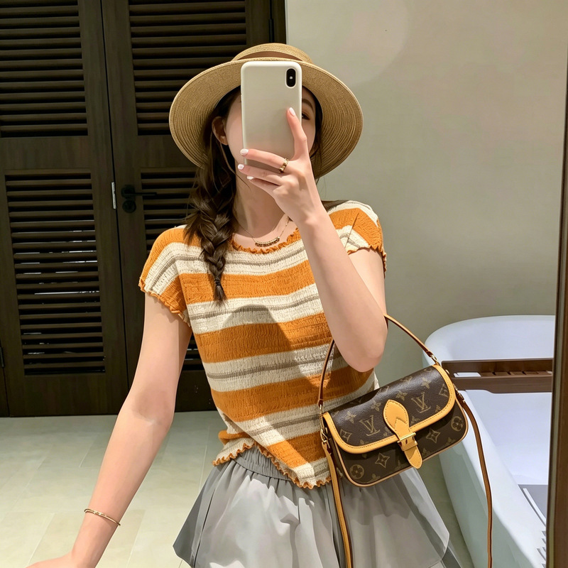 Bamboo Texture Striped Short-Sleeve Women's Top, New Summer Style, Gentle and Relaxed Feel, Slimming Effect, Small Flutter Sleeves T-Shirt for Women Bamboo Texture Striped Short-Sleeve Women's Top, New Summer Style, Gentle and Relaxed Feel, Slimming Effect, Small Flutter Sleeves T-Shirt for Women