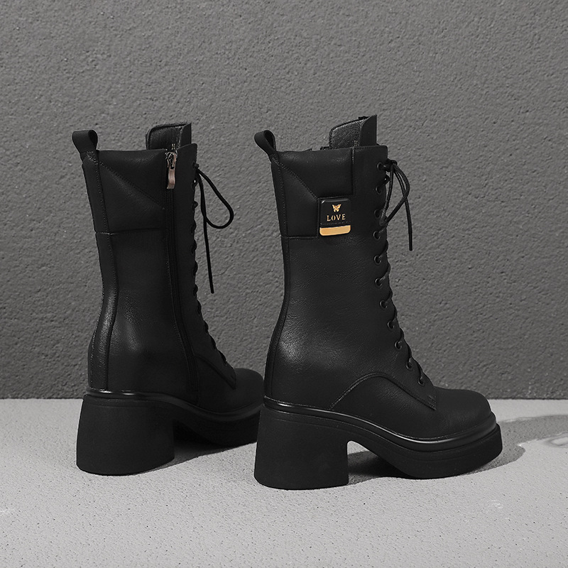 Boot nữ cổ thấp dây buộc mũi tròn đế dày gót 10 cm phong cách Anh quốc cổ điển — Nhung kaki đậm chi tiết 11