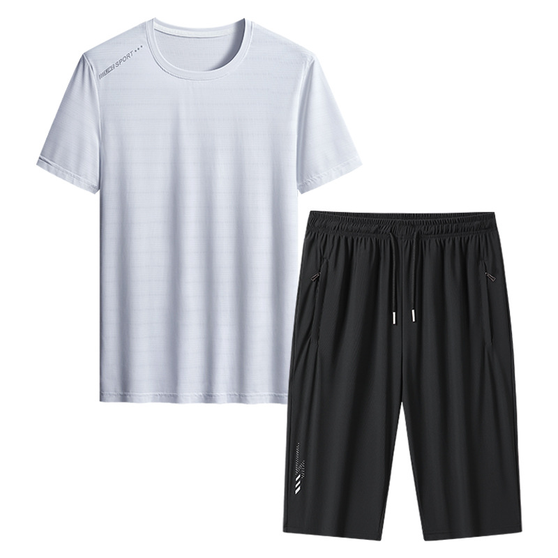 Papa de tamaño extra, traje de verano para hombres, hielo, secado rápido, pantalones de manga corta, de mediana edad, deportivo, ocio, dos piezas