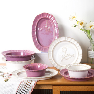 Embossed Ceramic Dinner Plate, Plate, Dish, Porcelain Tableware Set, Full Set of Household Lace Breakfast Plate, High Appearance
