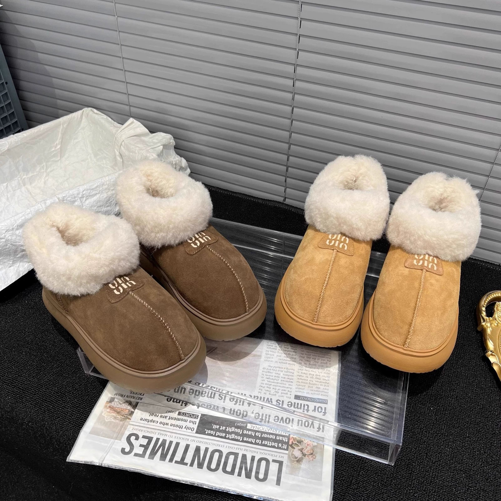 Большие волосы рот маленькие толстые ботинки с низким дном снежные сапоги женские 2024 новые зимние педали теплая шерстяная хлопчатобумажная обувь