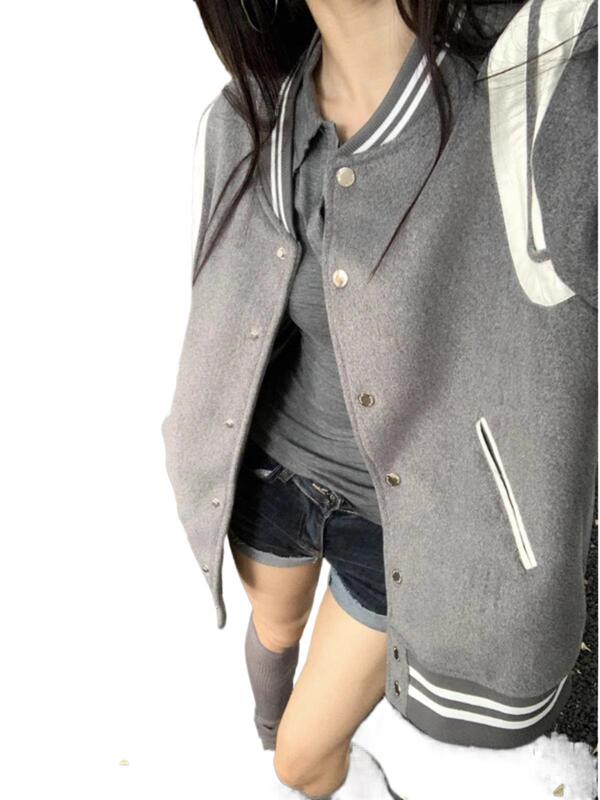 棒球服外套女设计感拼接2025秋季新款美式宽松灰色减龄学院风上衣|undefined