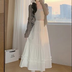白色A字裙中长款半身裙百搭女蓬蓬裙可爱显瘦减龄百褶伞裙蛋糕裙