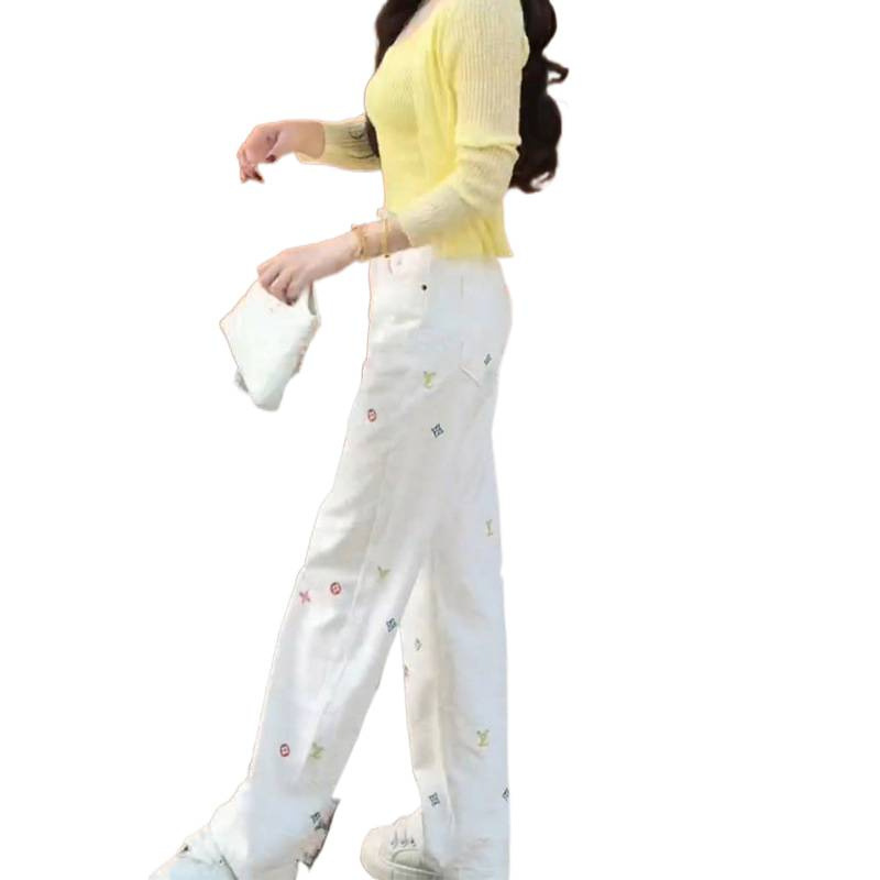 Women’s White High Waisted Wide Leg Jeans, Embroidered Pattern Straight Leg Denim Pants, Casual Loose Trousers For Daily Wear & Streetwear_voghion.com