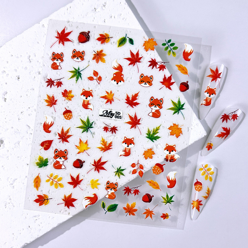 跨境ins风秋季氛围感红枫叶美甲贴纸5d浮雕感恩节狐狸树叶指甲贴|undefined