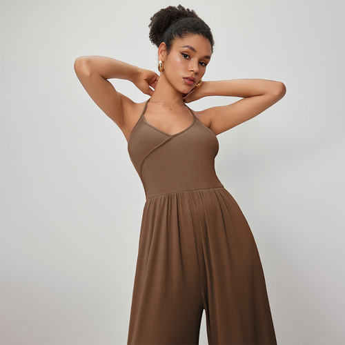 New 2024 European and American cross-border drapey knitted lace-up halterneck waist slimming sexy hot girl jumpsuit for women