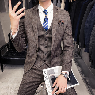 Foreign Trade 2025 Men's New Suit Korean Style Plaid Jacket Business Casual Slim Men's Suit Three-Piece Suit