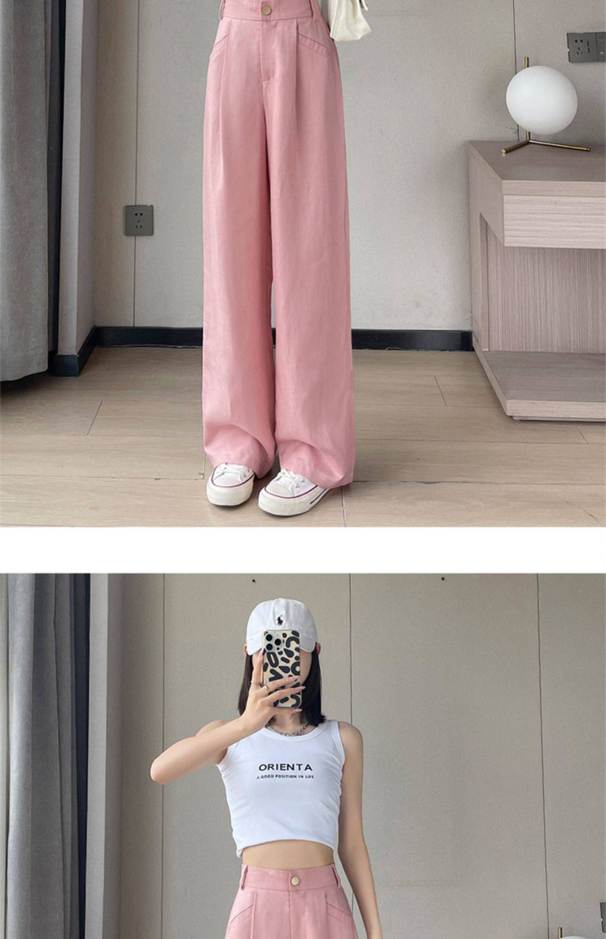 Quần culottes nữ ống rộng cạp cao vải linen cotton mỏng mùa hè — Màu đen thông thường chi tiết 33