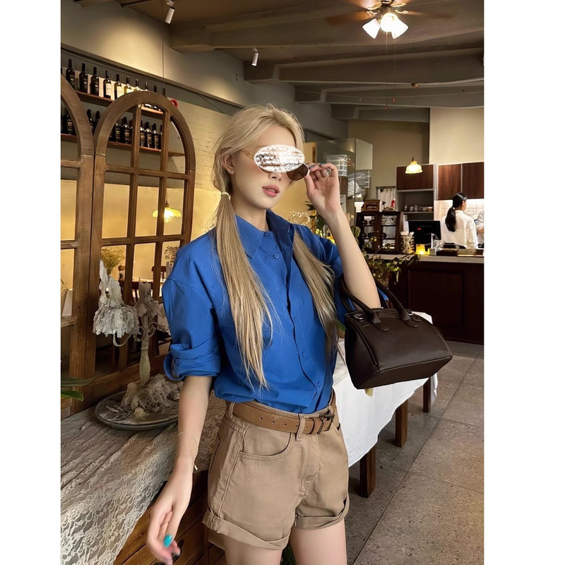 "Prussian Blue" Klein Blue Long-Sleeved Shirt for Women, Korean Style Spring Shirt with a Sense of Design "Prussian Blue" Klein Blue Long-Sleeved Shirt for Women, Korean Style Spring Shirt with a Sense of Design