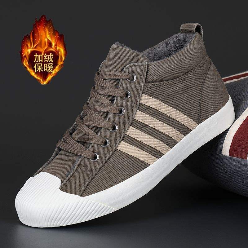 Winter Men's Shoes New High-Top Canvas Shoes Trendy Versatile Casual Shoes Lace-Up Sneakers with Fleece Warm Cotton Shoes Trendy