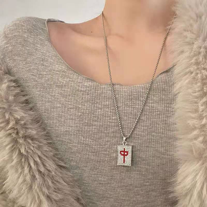 New Creative China-Chic Hip Hop Mahjong Full Diamond Red Hair Necklace Men and Women's Personalized Streets Versatile_voghion.com
