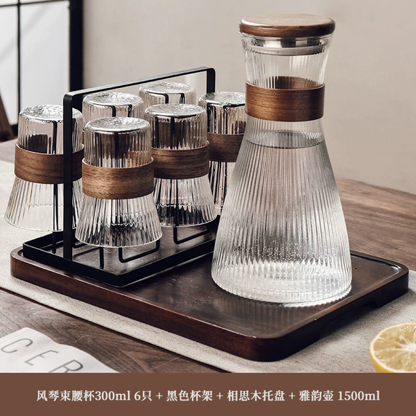 Ya Yun pot 1.5L+6 waist cup 6+black frame+acacia wood tray
