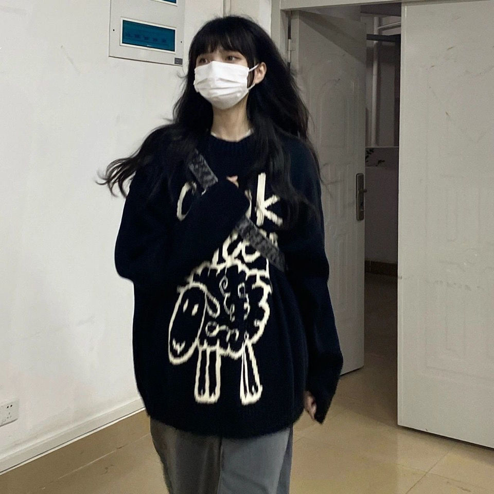 卡通绵羊黑色毛衣女秋冬外穿宽松慵懒风设计感小众套头针织衫上衣