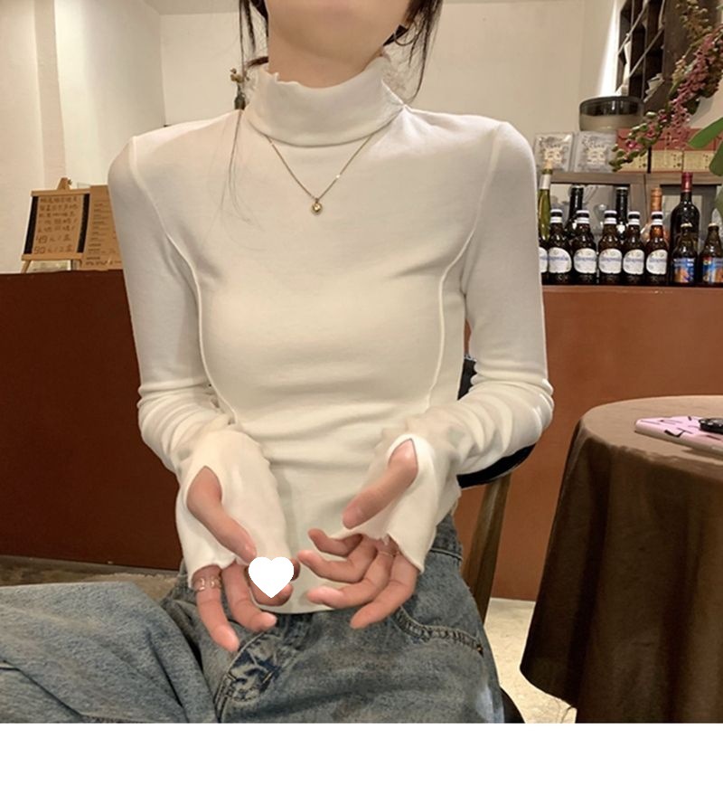 240 커드 벨벳 하이 칼라 베이스 셔츠 여성용 내부 따뜻한 더미 칼라 탑 슬림 핏 슬림 긴팔 티셔츠