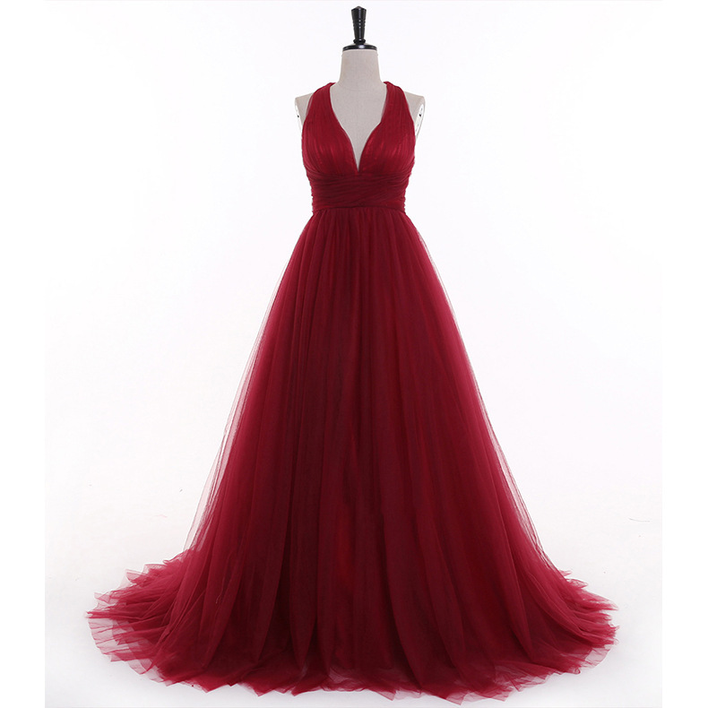 Long Mesh Evening Dress Halter Backless V-Neck Party Dress Graduation Ball Sexy Dress Foreign Trade Fashion