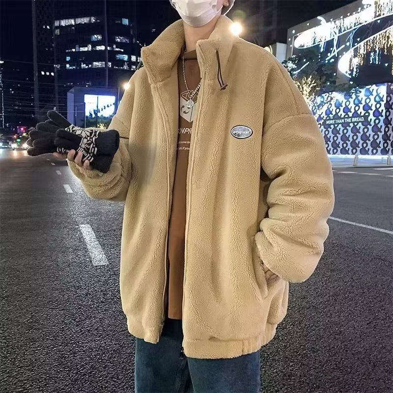 Men's fleece cotton coat, winter warmth, stand-up collar, fleece jacket, trendy brand, Instagram-worthy, cool and stylish, perfect for couples.